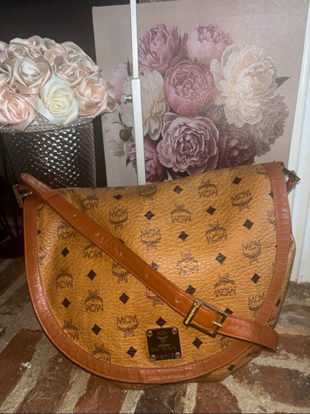 Vintage MCM Cognac Large Visetos Monogram Saddle Crossbody Bag